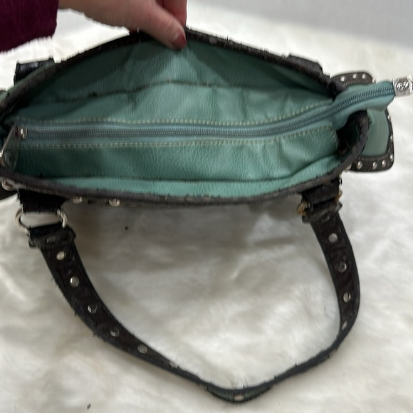 Western silver studded blue and brown concealer and carry shoulder bag - Picture 7 of 8